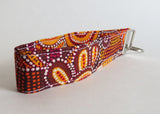 Orange Australian Aboriginal art print Fabric Keychain, Key Fob Wristlet Strap.