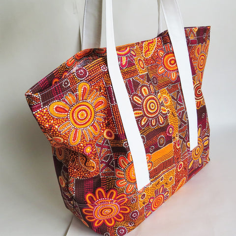 Orange Australian Aboriginal Art print tote bag, cotton bag, reusable grocery bag.