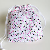 Pink Copper Triangles print cotton drawstring bag or knitting project bag.