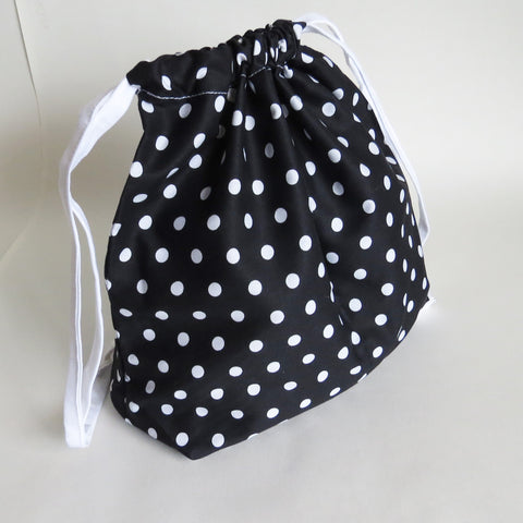 Black and White polka dots print cotton drawstring bag or knitting project bag.