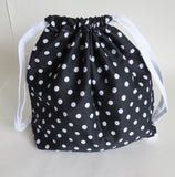 Black and White polka dots print cotton drawstring bag or knitting project bag.