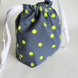 Grey and neon green Polka Dot print cotton drawstring bag or knitting project bag.