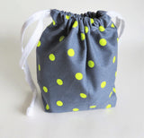 Grey and neon green Polka Dot print cotton drawstring bag or knitting project bag.
