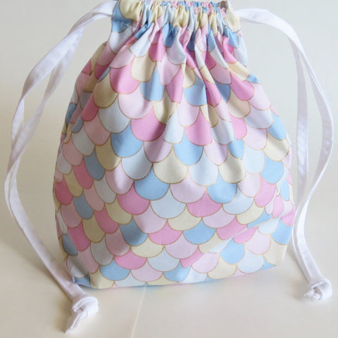 Pink waves print cotton drawstring bag or knitting project bag.