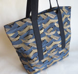 Black and gold print tote bag, cotton bag, reusable grocery bag, knitting project bag.