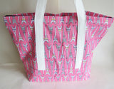 Pink Paris print tote bag, cotton bag, reusable grocery bag, knitting project bag.