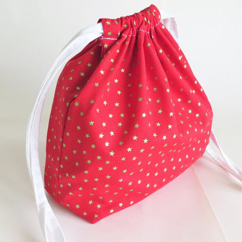 Red Gold stars print cotton drawstring bag or knitting project bag.