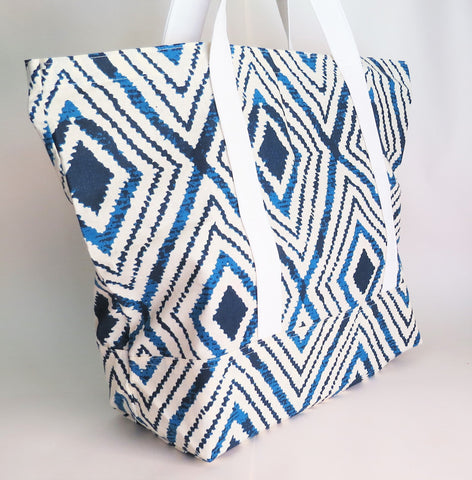 Blue and white ikat print tote bag, cotton bag, reusable grocery bag, knitting project bag.