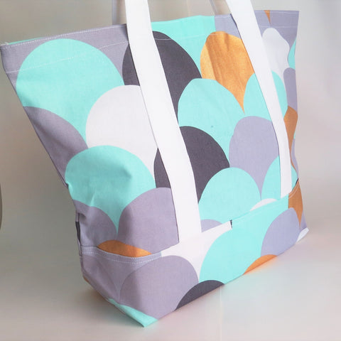 Aqua Grey copper waves print tote bag, cotton bag, reusable grocery bag.