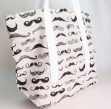 Moustache Print tote bag, cotton bag, reusable grocery bag, knitting project bag.