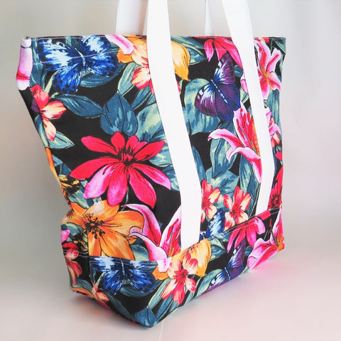 Black floral print with butterflies tote bag