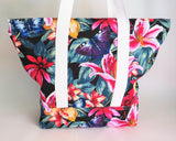 Black floral print with butterflies tote bag, cotton bag, reusable grocery bag.