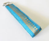 Indian Aqua Zari gold thread Fabric Keychain or Key Fob Wristlet.