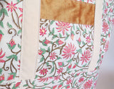 Indian Kalamkari block print with gold accents and raw silk print tote bag.