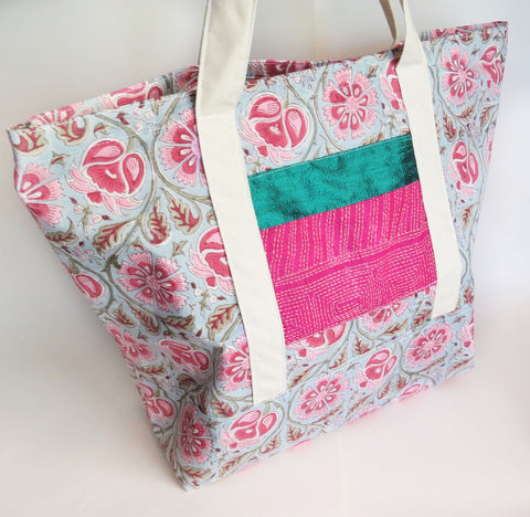 Indian Kalamkari block print hand embroidered and raw silk print tote bag, cotton bag, reusable grocery bag.
