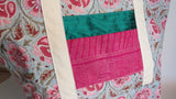 Indian Kalamkari block print, hand embroidered, raw silk print tote bag.