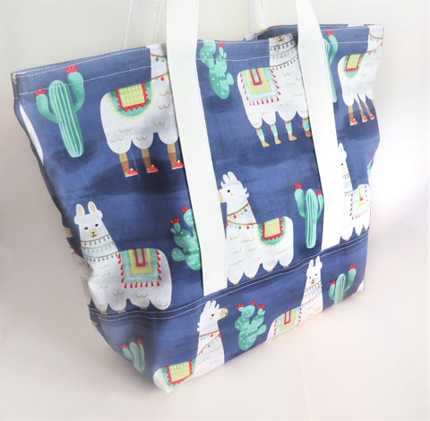 Llama and cactus print tote bag, cotton bag, reusable grocery bag, knitting project bag.
