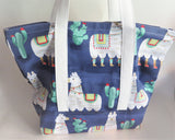 Llama and cactus print tote bag, cotton bag, reusable grocery bag, knitting project bag.