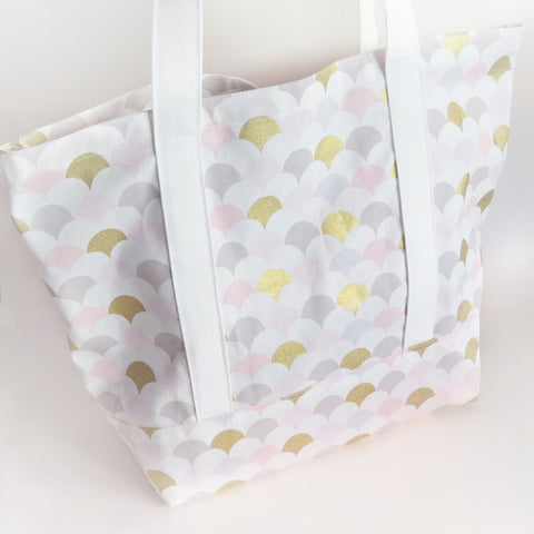 Baby pink grey and gold print tote bag, cotton bag, reusable grocery bag, knitting project bag.