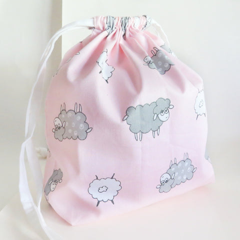Sheep pink print cotton drawstring bag or knitting project bag.