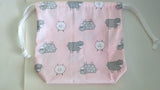 Sheep pink print cotton drawstring bag or knitting project bag.