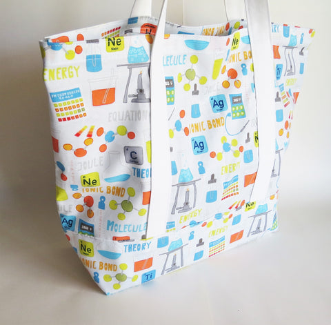 Science Chemistry print tote bag, cotton bag, reusable grocery bag, knitting project bag.