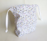 Gold, pink, teal hearts on grey cotton drawstring bag or knitting project bag.