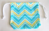 Blue Yellow Chevron print cotton drawstring bag or knitting project bag.