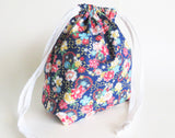 Oriental Flowers and gold accents print cotton drawstring bag or knitting project bag.