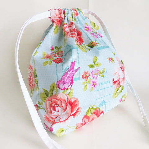 Flowers and birds print cotton drawstring bag or knitting project bag.