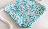 Teal Blue Birds and flowers print cotton drawstring bag or knitting project bag.
