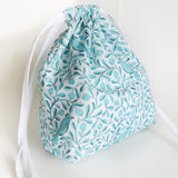 Teal Blue Birds and flowers print cotton drawstring bag or knitting project bag.