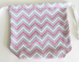 Grey and pink Chevron print cotton drawstring bag or knitting project bag.