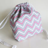 Grey and pink Chevron print cotton drawstring bag or knitting project bag.