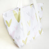 Baby pink grey and gold hearts print tote bag, cotton bag, reusable grocery bag, knitting project bag.