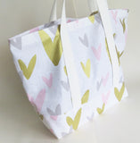 Baby pink grey and gold hearts print tote bag, cotton reusable grocery bag.