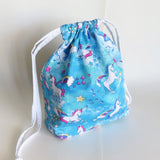 Unicorn glitter print cotton drawstring bag or knitting project bag.
