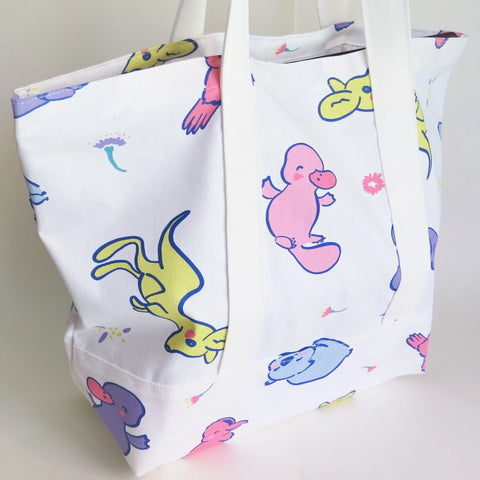 Australia baby animals - Platypus, koala, kangaroo, kookaburra print tote bag, cotton bag, reusable grocery bag, knitting project bag.