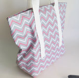 Pink and white chevron print tote bag, cotton bag, reusable grocery bag.