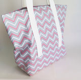 Pink and white chevron print tote bag, cotton bag, reusable grocery bag.