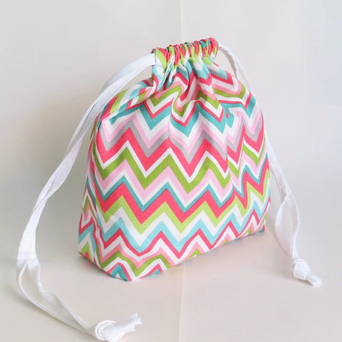 Colorful Chevron print cotton drawstring bag or knitting project bag.