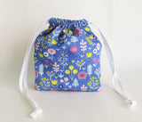 Blue Floral print cotton drawstring bag or knitting project bag.