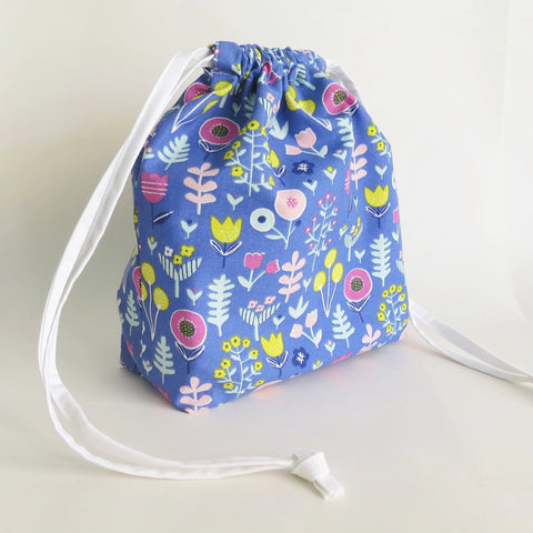 Blue Floral print cotton drawstring bag or knitting project bag.