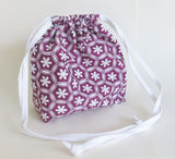 Geometric floral print cotton drawstring bag or knitting project bag.