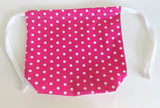 Two sided-  pink polka dot and diagonal stripes print cotton drawstring bag, knitting project bag.