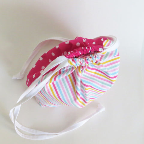 Two sided-  pink polka dot and diagonal stripes print cotton drawstring bag, knitting project bag.