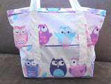 Purple Pink Owl print tote bag, cotton bag, reusable grocery bag, knitting project bag.