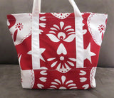 Red and white print tote bag, cotton bag, reusable grocery bag, knitting project bag.