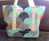 Aqua Grey copper waves print Handmade Cotton tote bag, reusable grocery bag.