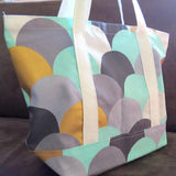 Aqua copper grey tote bag knitting bag beach bag library bag